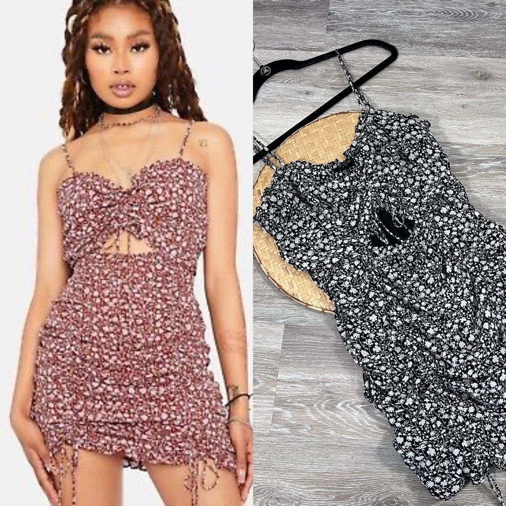 Cotton candy LA black floral ruched mini dress w/ cut out front